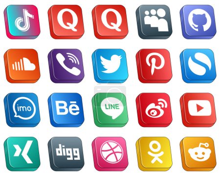 Illustration for 20 Isometric 3D Icons for Top Social Media Platforms such as pinterest. twitter. github and viber icons. Fully customizable and professional - Royalty Free Image