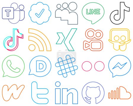 Illustration for 20 Vibrant Colourful Outline Social Media Icons such as spotify. whatsapp. china. slideshare and xing Customizable and high-resolution - Royalty Free Image