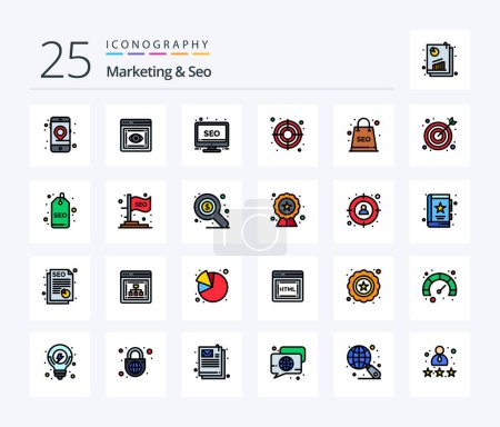 Illustration for Marketing And Seo 25 Line Filled icon pack including seo. complex. desktop. target. seo - Royalty Free Image