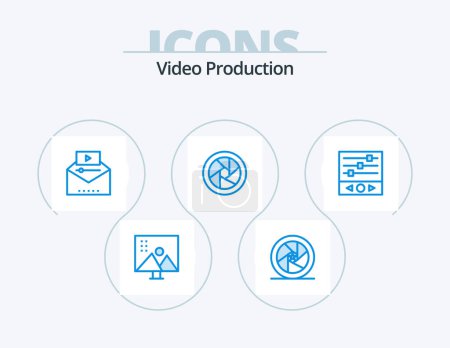 Illustration for Video Production Blue Icon Pack 5 Icon Design. camera lenses. camera accessories. superhero. viral video. video advertising - Royalty Free Image