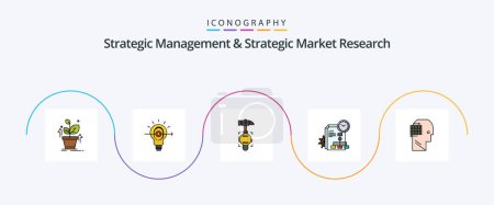 Illustration for Strategic Management And Strategic Market Research Line Filled Flat 5 Icon Pack Including think. business. hammer. report. time - Royalty Free Image