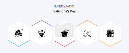 Téléchargez les illustrations : Valentines Day 25 Glyph icon pack including mobile. wedding love. bow. love. engagement - en licence libre de droit