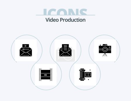 Illustration for Video Production Glyph Icon Pack 5 Icon Design. newsletter. email document. email. video marketing - Royalty Free Image