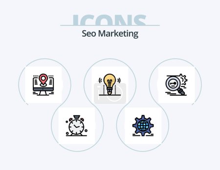Téléchargez les illustrations : Seo Marketing Line Filled Icon Pack 5 Icon Design. research. key. discount. medal. prize - en licence libre de droit