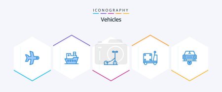 Illustration for Vehicles 25 Blue icon pack including more. add. scooter. truck. logistic - Royalty Free Image