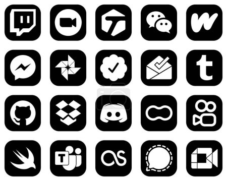Illustration for 20 Clean White Social Media Icons on Black Background such as github. inbox. wattpad. twitter verified badge and fb icons. Versatile and high-quality - Royalty Free Image