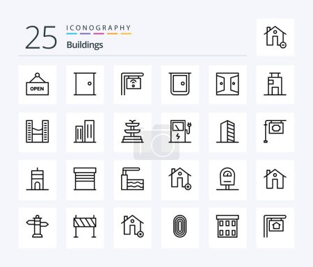 Illustration for Buildings 25 Line icon pack including building. home gate. cafe. home. door - Royalty Free Image