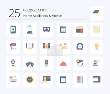 Ilustración de Home Appliances And Kitchen 25 Flat Color icon pack including music. robbot. stove. washing. laundry - Imagen libre de derechos
