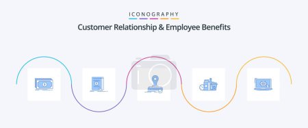Ilustración de Customer Relationship And Employee Benefits Blue 5 Icon Pack Including laptop. items. stamp. milk. food - Imagen libre de derechos
