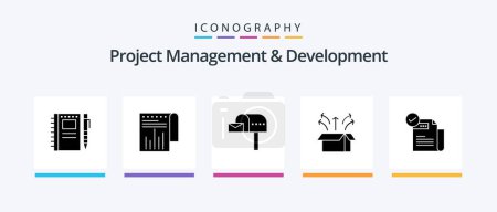 Téléchargez les illustrations : Project Management And Development Glyph 5 Icon Pack Including product. launch. report. box. box. Creative Icons Design - en licence libre de droit
