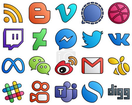 Illustration for 20 Customizable icons vk. twitter. fb and messenger Filled Line Style Social Media Icon Collection - Royalty Free Image