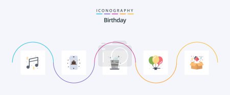Téléchargez les illustrations : Birthday Flat 5 Icon Pack Including box. party. alcohol. celebration. balloons - en licence libre de droit