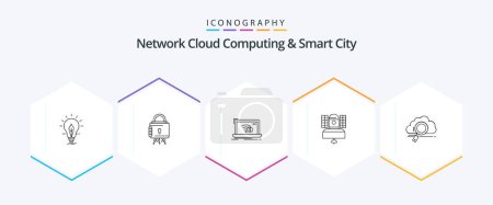 Téléchargez les illustrations : Network Cloud Computing And Smart City 25 Line icon pack including broadcast. internet. protection. lost. error - en licence libre de droit