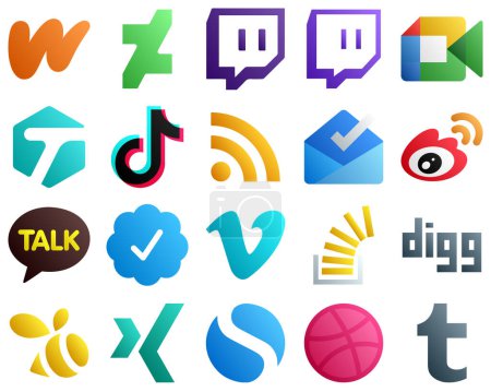 Illustration for 20 Gradient Icons of Major Social Media Platforms such as sina. inbox. tiktok and feed icons. Creative and high resolution - Royalty Free Image