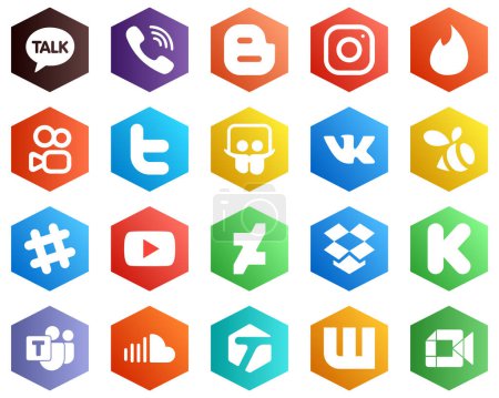 Téléchargez les illustrations : Hexagon Flat Color White Icon Collection such as youtube. swarm. vk and tweet icons. 25 High-quality Icons - en licence libre de droit