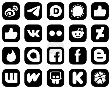 Illustration for 20 Minimalist White Social Media Icons on Black Background such as deviantart. yahoo. signal. flickr and facebook icons. Creative and high-resolution - Royalty Free Image