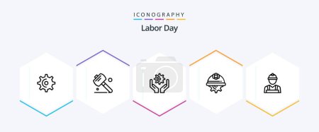 Téléchargez les illustrations : Labor Day 25 Line icon pack including gear . cap . tools. gear - en licence libre de droit