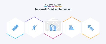 Illustration for Tourism And Outdoor Recreation 25 Blue icon pack including light. boot. map . track. hiker - Royalty Free Image