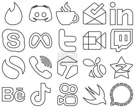 Illustration for 20 Clean Black Outline Social Media Icons such as google meet. twitter. inbox. facebook and chat icons. Versatile and high-quality - Royalty Free Image