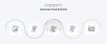 Téléchargez les illustrations : Summer Food and Drink Line 5 Icon Pack Including meat. ice cream. sweet. food. water - en licence libre de droit