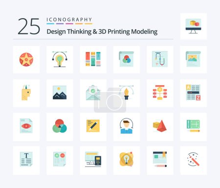 Ilustración de Design Thinking And D Printing Modeling 25 Flat Color icon pack including screen . fly. wireframing. wallpaper. brusher - Imagen libre de derechos