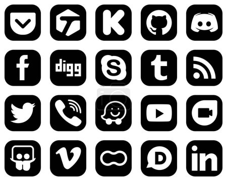 Illustration for 20 High-Quality White Social Media Icons on Black Background such as feed. tumblr. chat and digg icons. Fully editable and professional - Royalty Free Image
