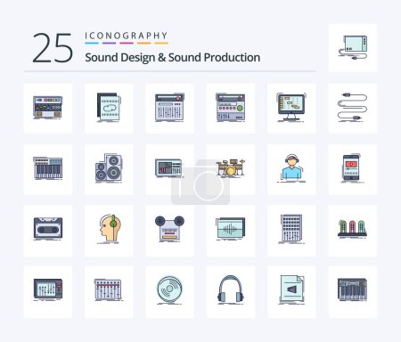 Illustration for Sound Design And Sound Production 25 Line Filled icon pack including module. rack. mix. sound. midi - Royalty Free Image