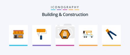 Téléchargez les illustrations : Building And Construction Flat 5 Icon Pack Including lift. crane. wall. warning. sign. Creative Icons Design - en licence libre de droit