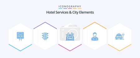 Illustration for Hotel Services And City Elements 25 Blue icon pack including car. hotel. stair. doorman. bellboy - Royalty Free Image