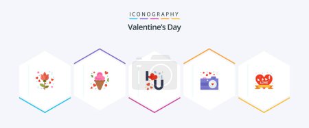 Téléchargez les illustrations : Valentines Day 25 Flat icon pack including insignia. valentine. heart lettering. photography. camera - en licence libre de droit
