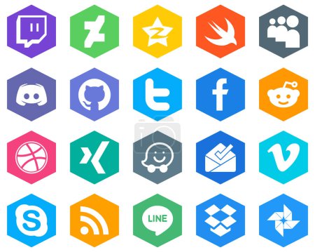 Illustration for 20 Clean White Icons reddit. fb. message. facebook and twitter Hexagon Flat Color Backgrounds - Royalty Free Image