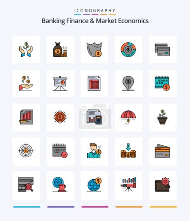 Illustration for Creative Banking Finance And Market Economics 25 Line FIlled icon pack  Such As secure. guard. bag. shield. savings - Royalty Free Image