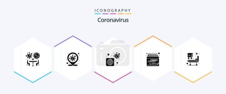 Téléchargez les illustrations : Coronavirus 25 Glyph icon pack including medical treatment. hospital bed. bacteria. schedule. event - en licence libre de droit