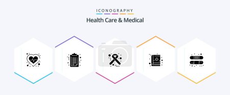 Illustration for Health Care And Medical 25 Glyph icon pack including bandage. aid. hiv. medical education. book - Royalty Free Image