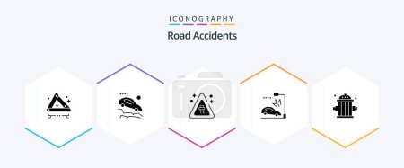 Téléchargez les illustrations : Road Accidents 25 Glyph icon pack including firefighter. firefighter. signaling. lamppost. car - en licence libre de droit