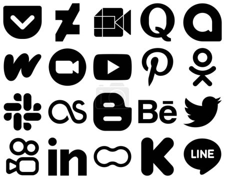 Téléchargez les illustrations : 20 Modern Black Solid Social Media Icons such as odnoklassniki. video. wattpad. youtube and meeting icons. High-quality and modern - en licence libre de droit