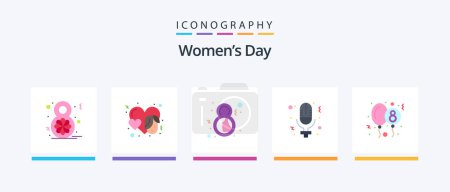 Téléchargez les illustrations : Womens Day Flat 5 Icon Pack Including balloon. record. day. microphone. face. Creative Icons Design - en licence libre de droit