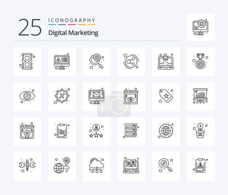 Téléchargez les illustrations : Digital Marketing 25 Line icon pack including product. glass. share. connection - en licence libre de droit