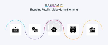 Téléchargez les illustrations : Shoping Retail And Video Game Elements Glyph 5 Icon Pack Including market. online. sticker. store. gaming - en licence libre de droit