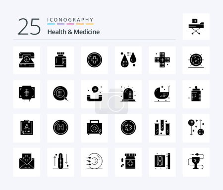 Téléchargez les illustrations : Health & Medicine 25 Solid Glyph icon pack including drops. blood. form. treatment. medical - en licence libre de droit