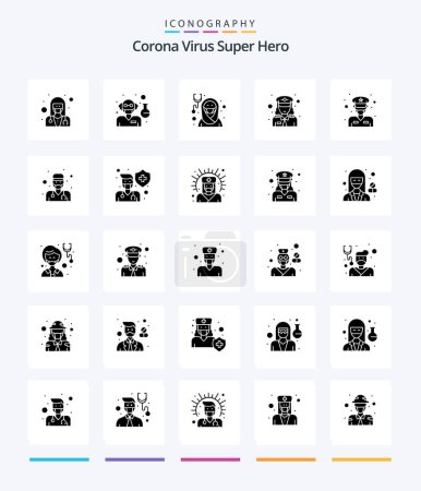 Illustration for Creative Corona Virus Super Hero 25 Glyph Solid Black icon pack  Such As force. police. male. female. muslim - Royalty Free Image