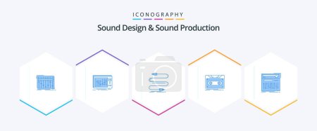 Téléchargez les illustrations : Sound Design And Sound Production 25 Blue icon pack including midi. control. sound. record. record - en licence libre de droit