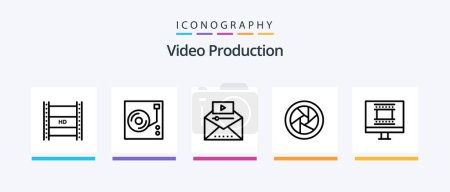 Illustration for Video Production Line 5 Icon Pack Including video play. media play. news target. audio play. photo frame design. Creative Icons Design - Royalty Free Image