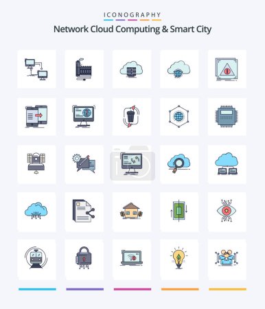 Ilustración de Creative Network Cloud Computing And Smart City 25 Line FIlled icon pack  Such As city. flow. factory. data. storage - Imagen libre de derechos