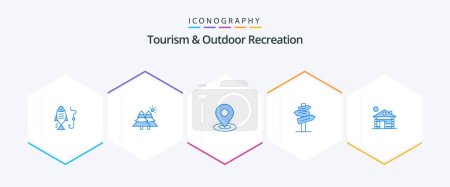 Téléchargez les illustrations : Tourism And Outdoor Recreation 25 Blue icon pack including building. room. location. motel. direction - en licence libre de droit