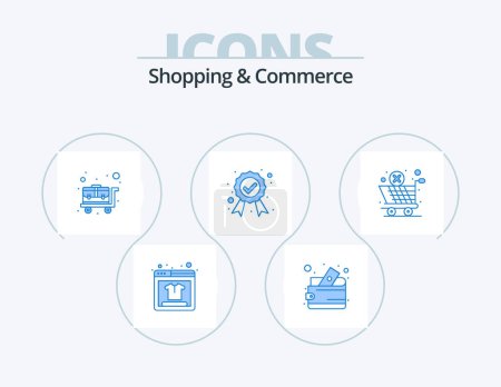 Illustration for Shopping And Commerce Blue Icon Pack 5 Icon Design. cross cancel. global logistic. luggage trolley. global delivery. guaranteed label - Royalty Free Image