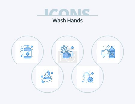 Illustration for Wash Hands Blue Icon Pack 5 Icon Design. shake hand. no. bottle. hand. wash - Royalty Free Image