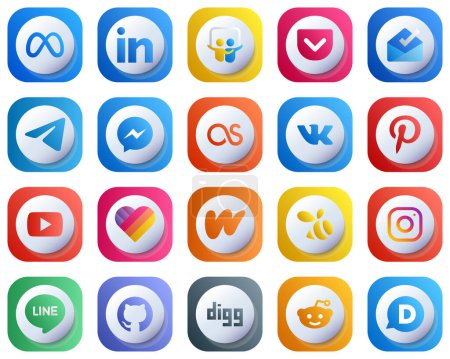 Ilustración de Cute 3D Gradient Icons for Major Social Media 20 pack such as video. pinterest. messenger. vk and fb icons. Modern and High-Resolution - Imagen libre de derechos