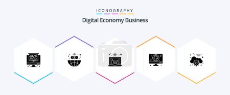 Téléchargez les illustrations : Digital Economy Business 25 Glyph icon pack including . wifi. shopping. gear. economy - en licence libre de droit