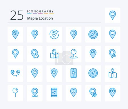 Illustration for Map & Location 25 Blue Color icon pack including map. pin. plus. add. marker - Royalty Free Image